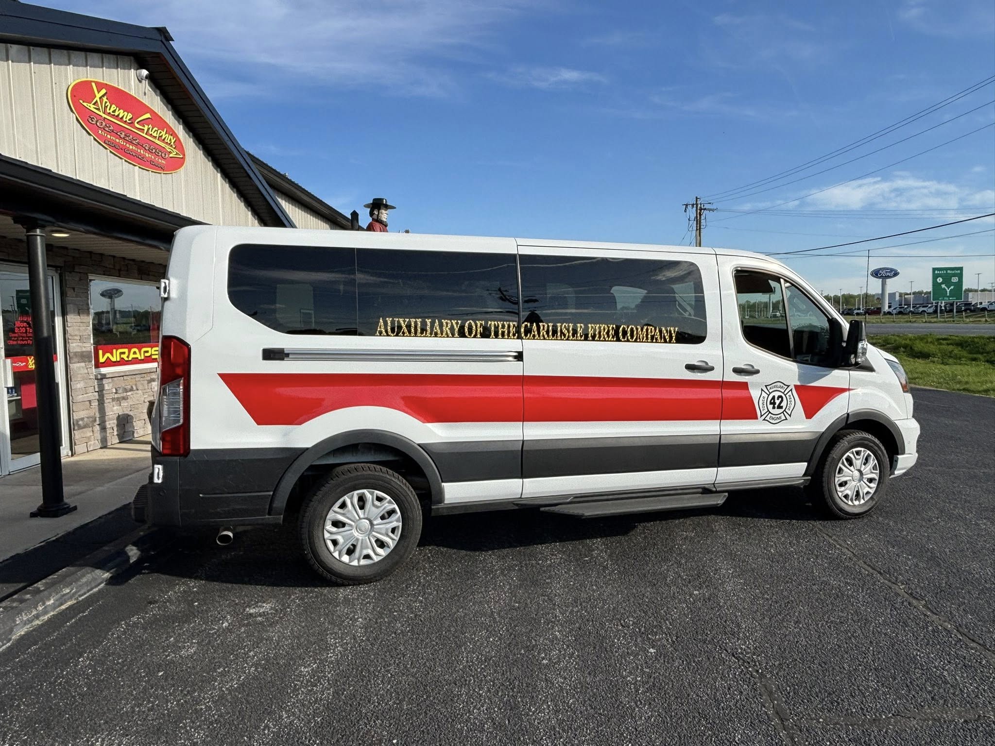 White Ford Transit van with Carlisle Fire Co. fleet graphics by Xtreme Graphix